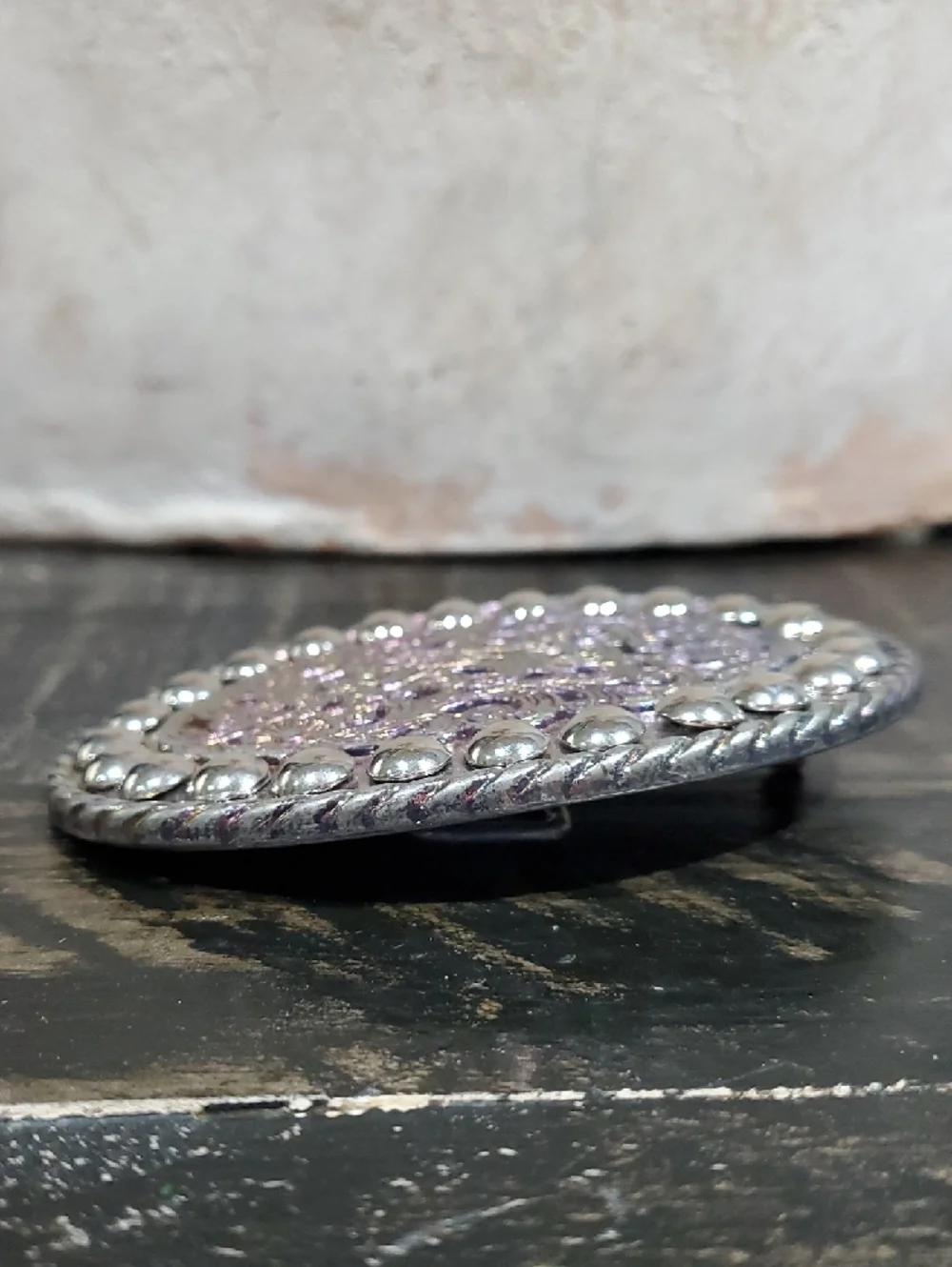 Vintage Silver Floral Oval Belt Buckle Pink And Purple Shimmer W Studs Cowgirl